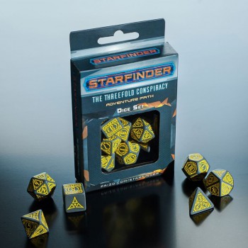 Starfinder Threefold Conspiracy kauliukų rinkinys pilki ir geltoni